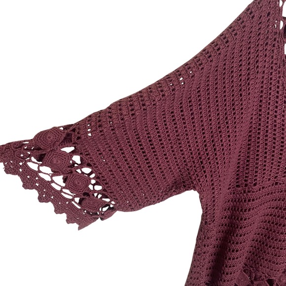 Denim 24/7 Crochet Tunic Womens L Burgandy Chunky‎ Open Knit Layer Boho Top - Picture 4 of 10